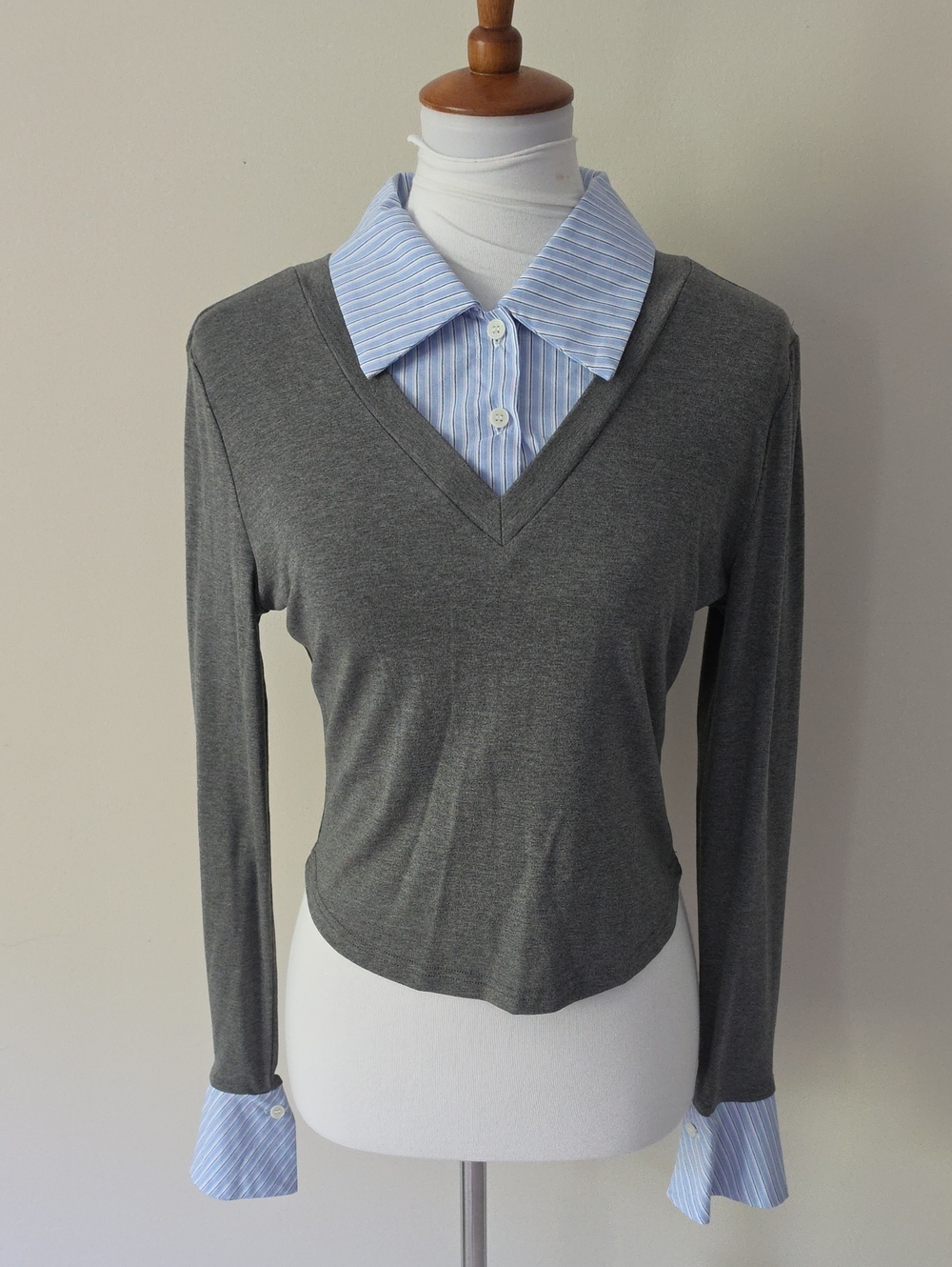 Commense Gray V-Neck Layered Shirt with Blue Striped Collar Brand New